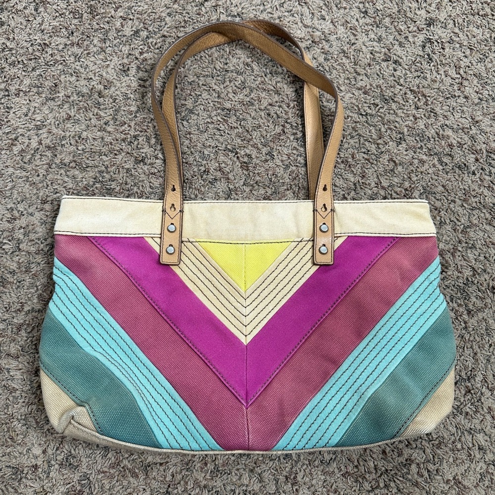 Fossil Canvas Tote Bag Multicolor Chevron Stripe Leather Trim Shoulder Bag READ - Picture 2 of 6
